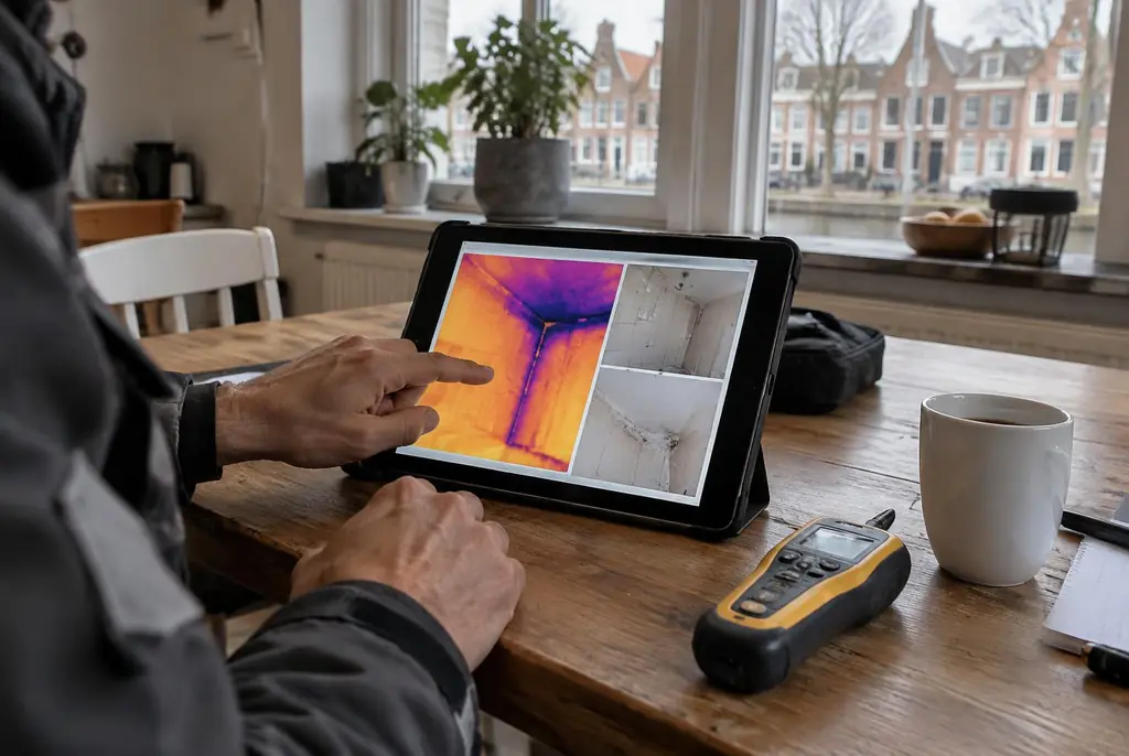 Lekdetectie Amerongen – lekdetectierapport met warmtebeelden en foto's op een tablet