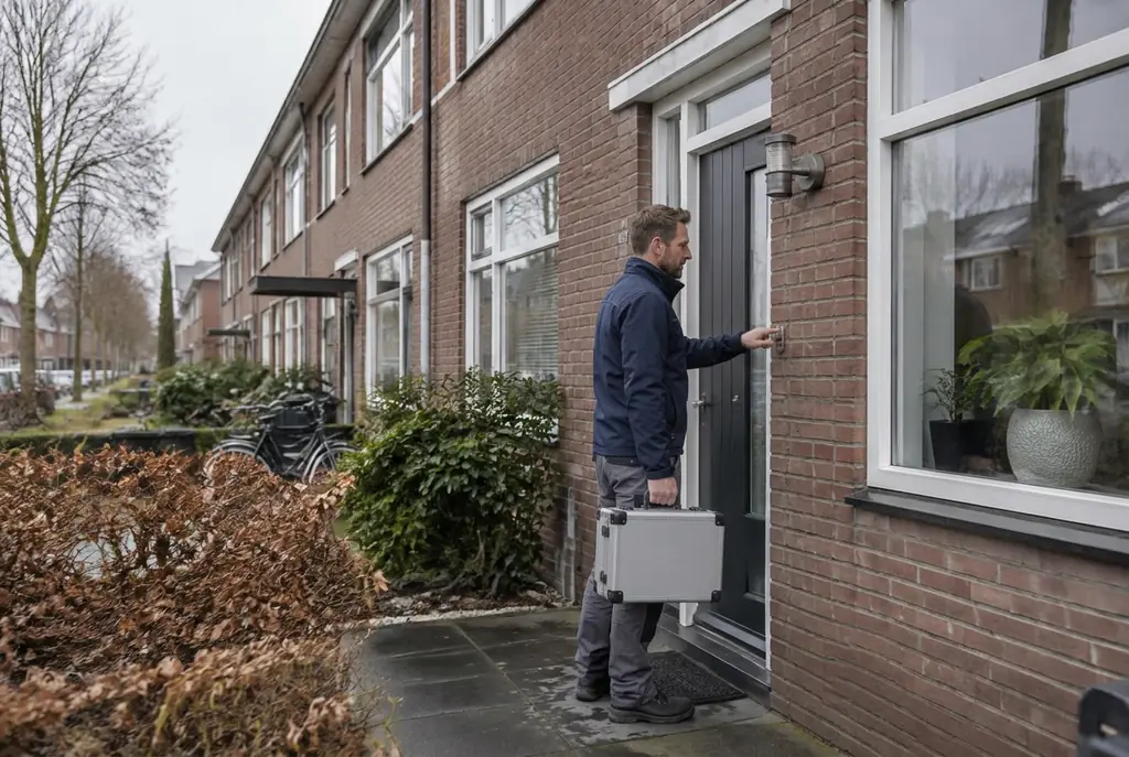 Lekdetectiespecialist met meetkoffer bij de voordeur van een woning in Amerongen